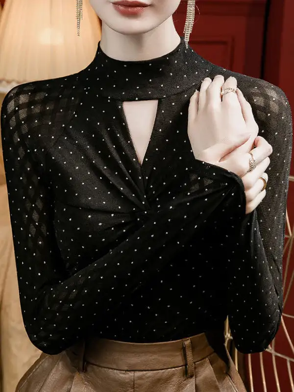 Long Sleeve Curve Fit Cutout Knot Polka Dot Rhine Stones Panel Detail Mock Neck T-Shirt