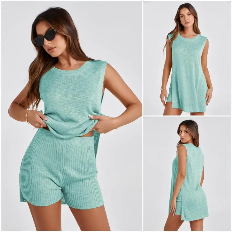 Women's  2 Piece Outfits Summer Knit Sweater Set Sleeveless  Tunic  Top Matching Shorts Trendy Beach Vacation Sets