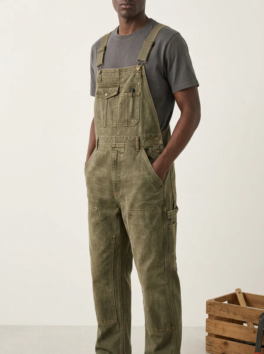 Men's Vintage Workwear Olive Green Washed Cotton Overalls