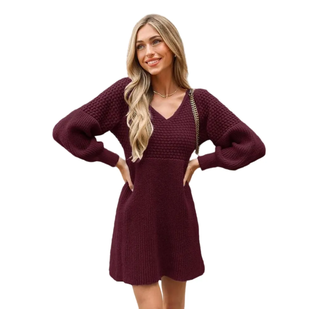 Women's Casual Sweater Dress for Christmas VNeck Honeycomb Long Sleeve Textured Knit Pullover Dresses Womenswear Fall Dress Early Autumn