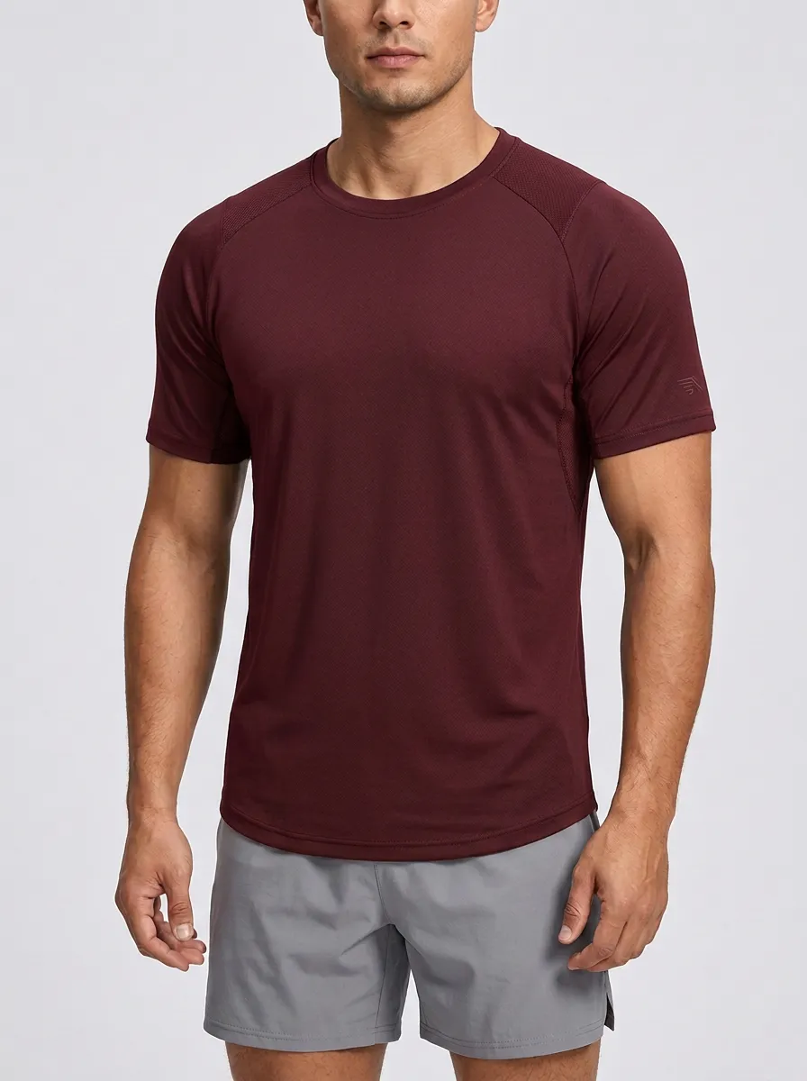 Men's Athletic Emblem Training Mesh Textured Raglan Performance Sport Crewneck T-Shirt