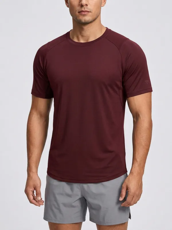 Men's Athletic Emblem Training Mesh Textured Raglan Performance Sport Crewneck T-Shirt