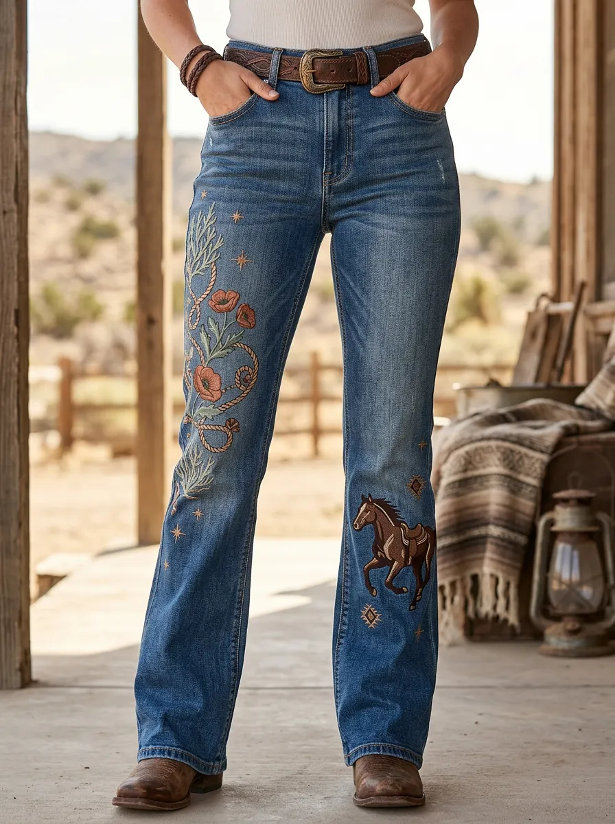 Women's Western Cowgirl Horse Floral Embroidery Floral Embroidered Jeans