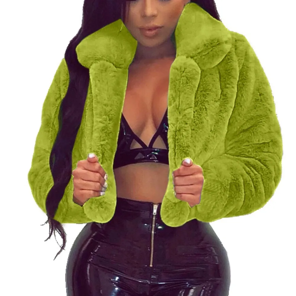 Z2-Green Faux Fur Coat Women with Hood Cropped Bubble Coats Fleece Short Warm Jackets Plus Size Winter Coats for Women