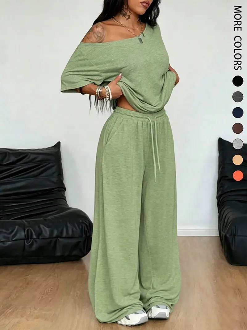 🔥Hot Sale💥Women's Off-Shoulder T-Shirt And Wide-Leg Pants Two-Piece Set🔥8-SETS- All Colors Included