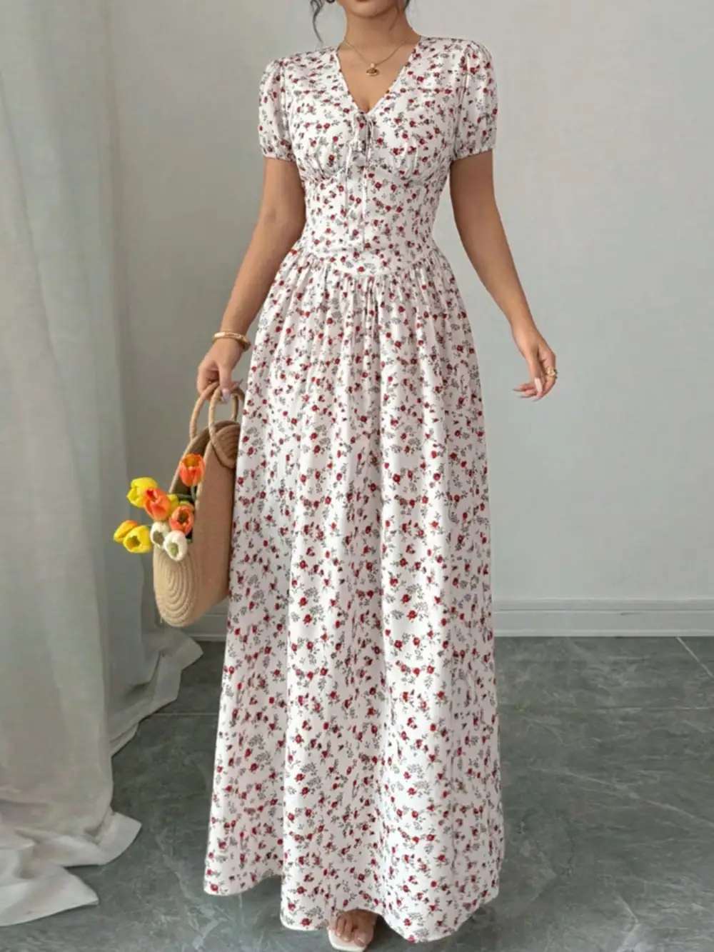 Finish Floral Printed V Neck Maxi Dress