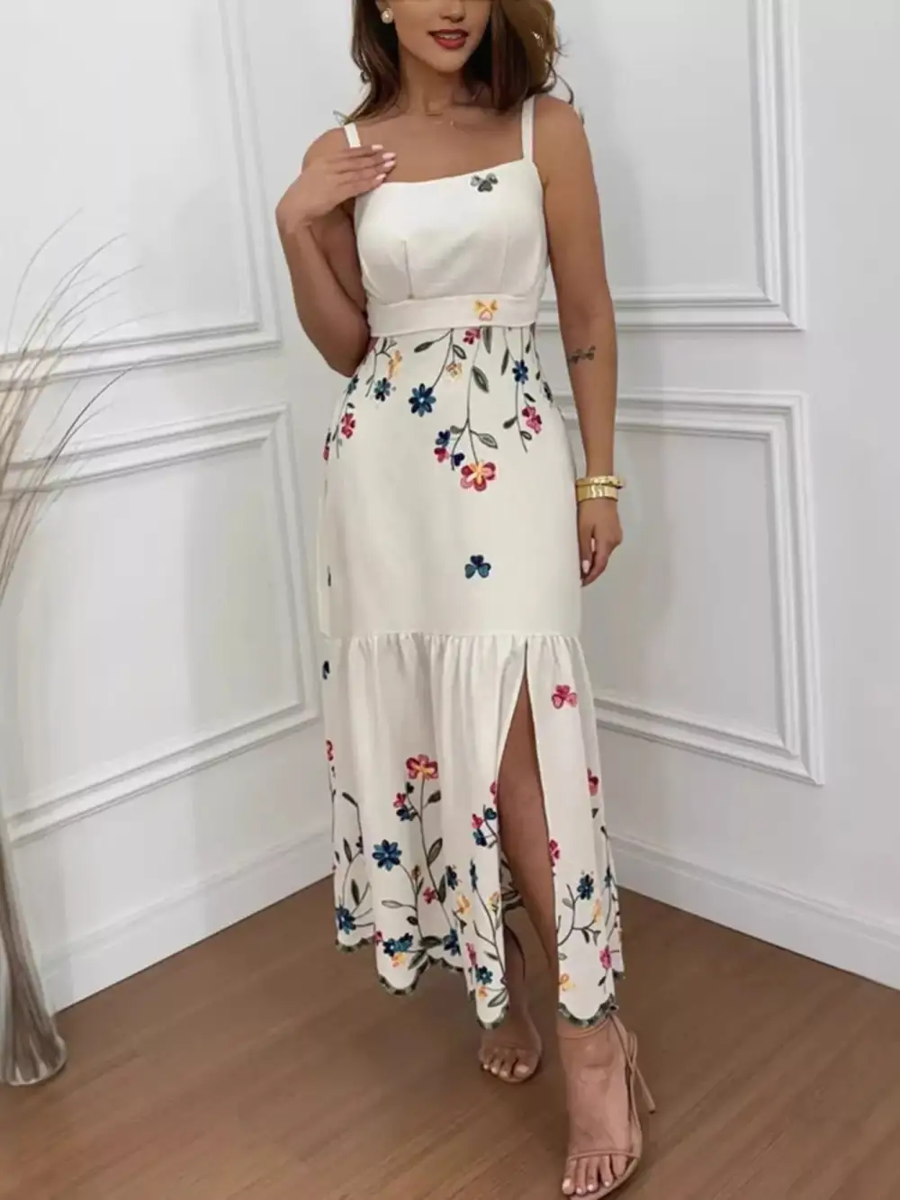 Print Cutout Back Slit Hem Midi Dress