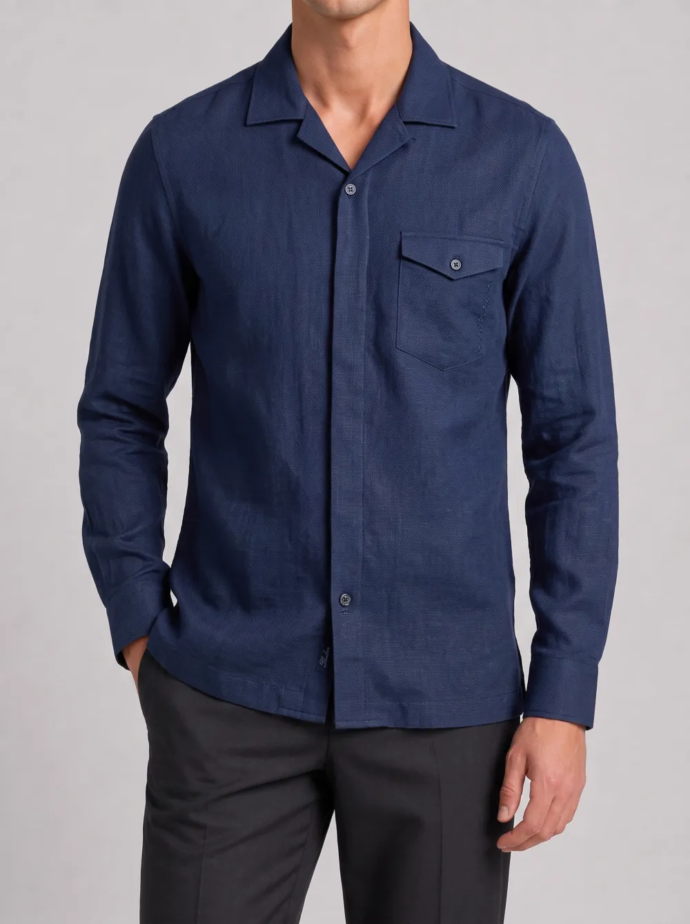 Men's Navy Blue Textured Long Sleeve Cuban Collar Shirt