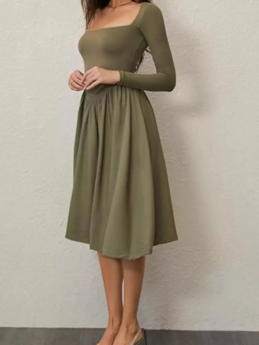 Square Neck Long Sleeve Midi Dress