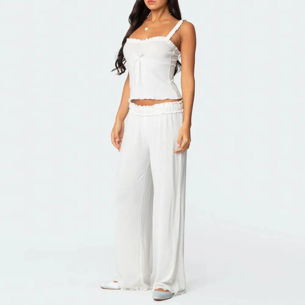 Applique Bow Frill Trim Crop Top and Long Pants Lounge Set
