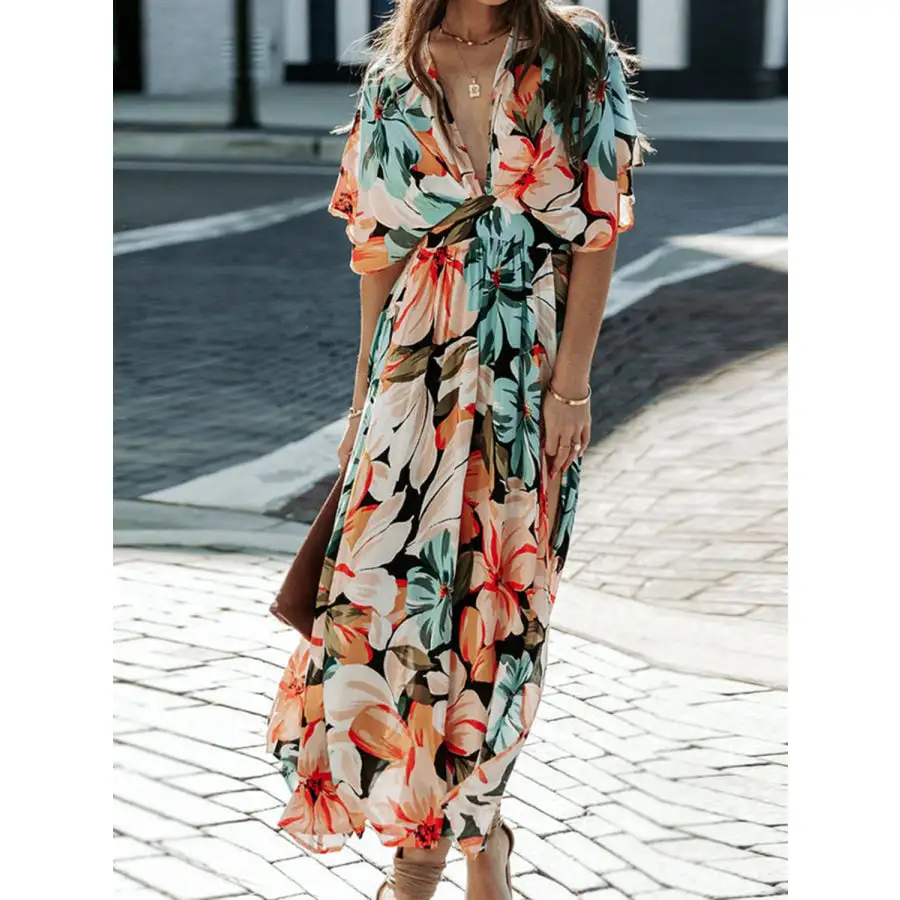 Floral Plunge Half Sleeve Dress