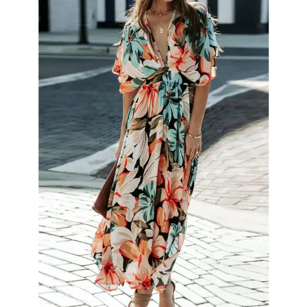 Floral Plunge Half Sleeve Dress