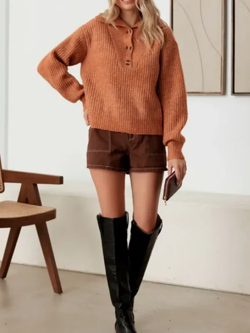 100% Wool Button-Up Neck Pullover Sweater