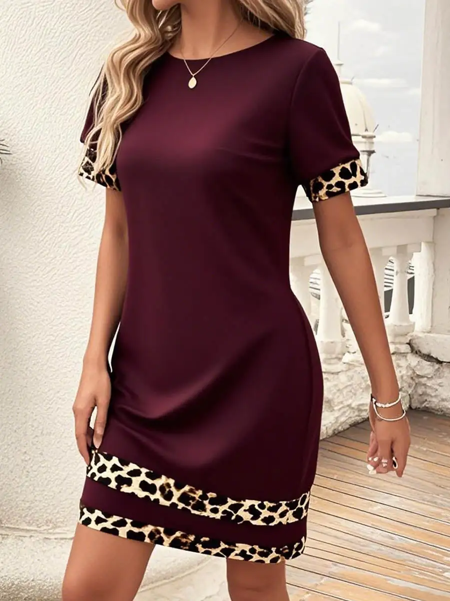Bodycon Relaxed Contrast Color Leopard Split Joint Round Neck Mini Dress