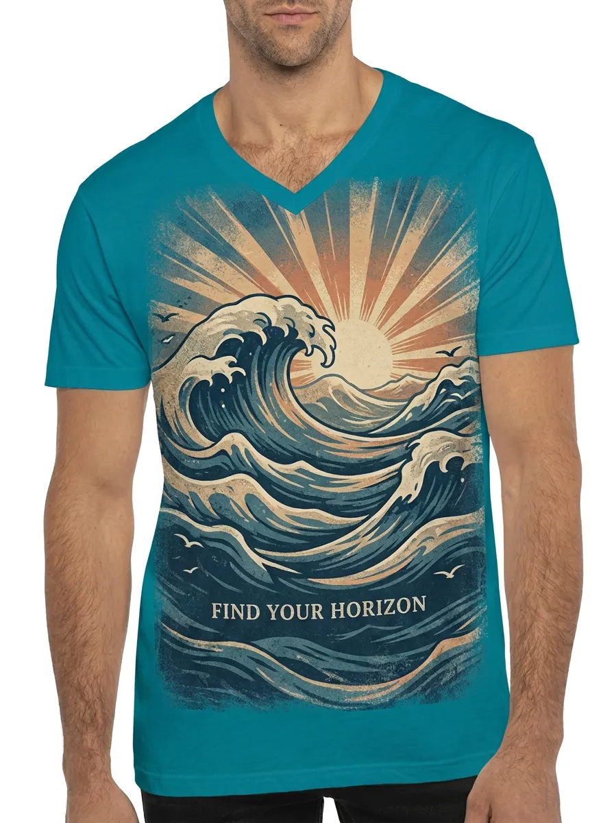 Men's Ocean Lover Find Your Horizon Wave Sunset Printed V-neck T-shirt