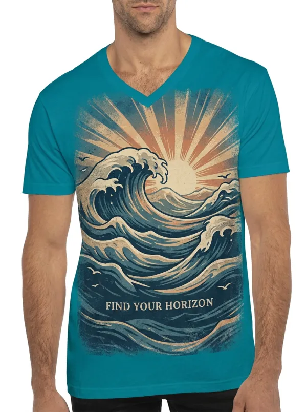 Men's Ocean Lover Find Your Horizon Wave Sunset Printed V-neck T-shirt