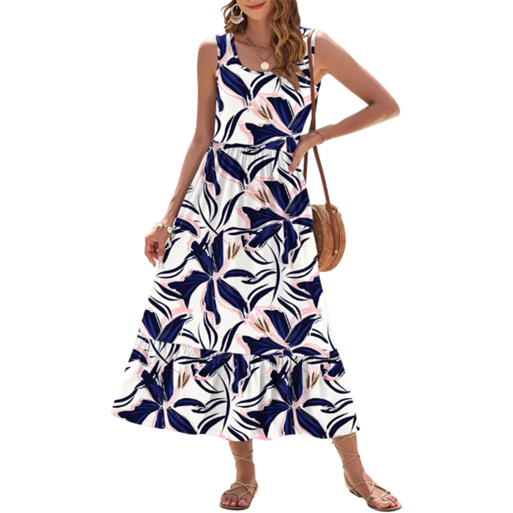 Women's Square Neck Sleeveless Floral Tiered Maxi Dress With Pockets