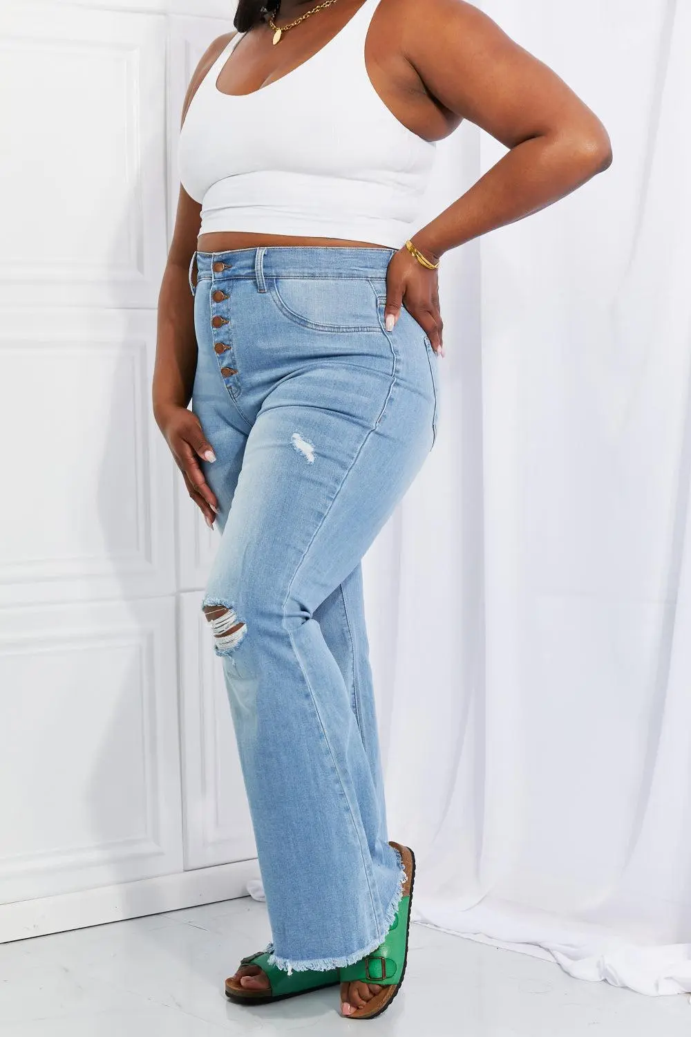 Contoured Flare Leg Button Denim Jeans