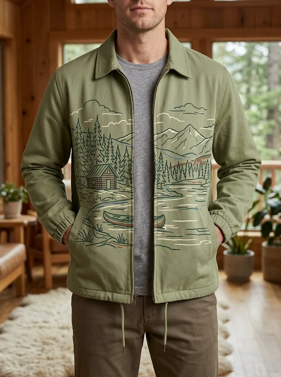Men's Nature Lover Mountain Cabin Canoe Printed Jacket