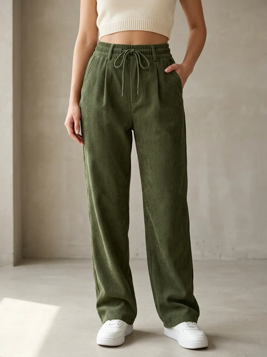 Women's Casual Corduroy Drawstring Wide-Leg Pants