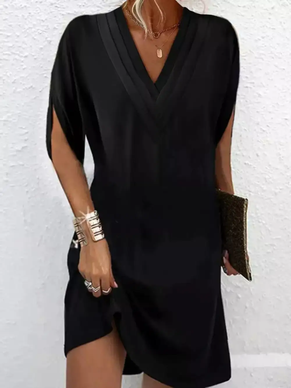 V-Neck Side Slit Mini Dress