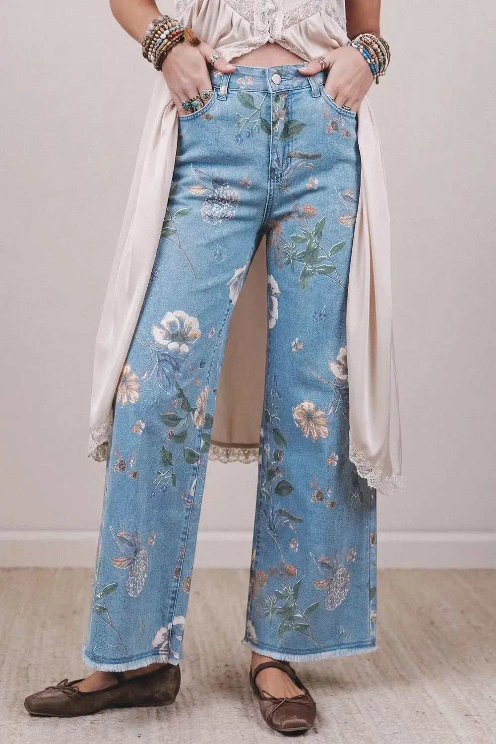 Floral Print Raw Hem Wide Leg Jeans