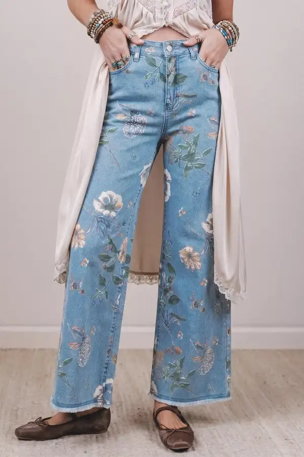 Floral Print Raw Hem Wide Leg Jeans