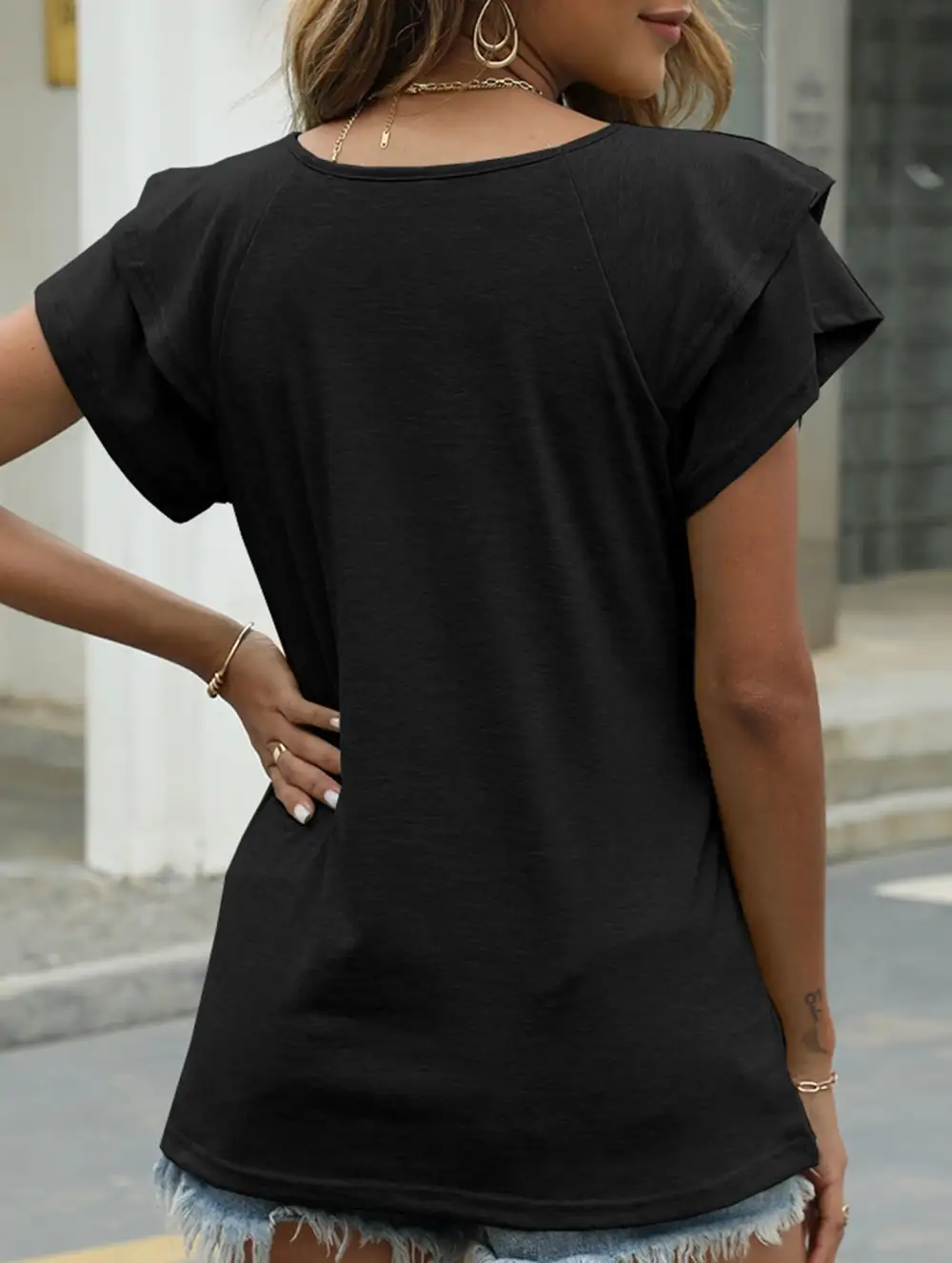 Solid Color V-Neck Ruffle Sleeve T-Shirt