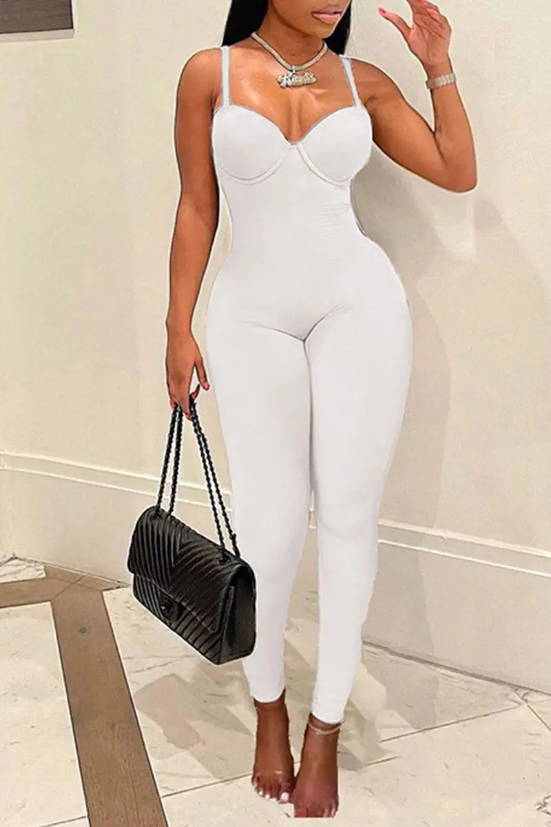 Sexy Solid Split Joint Spaghetti Strap Skinny Jumpsuits
