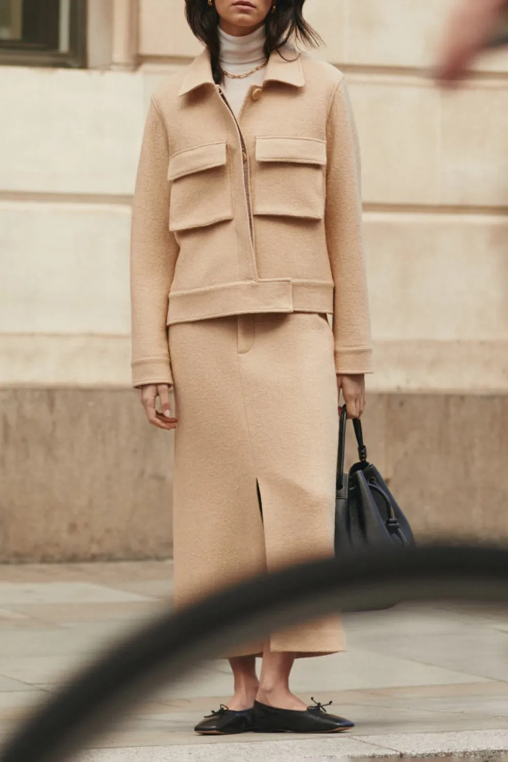 Front Slit Tweed Midi Skirt