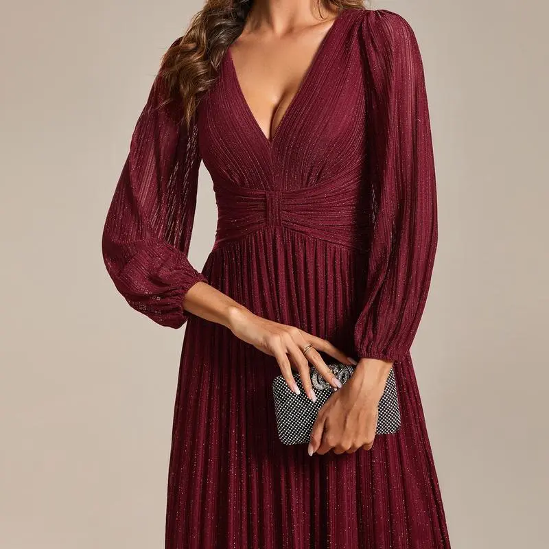 【EVER PRETTY 】curvy dress,Glittery Empire Waist A-Line Dress with Long Lantern Sleeves