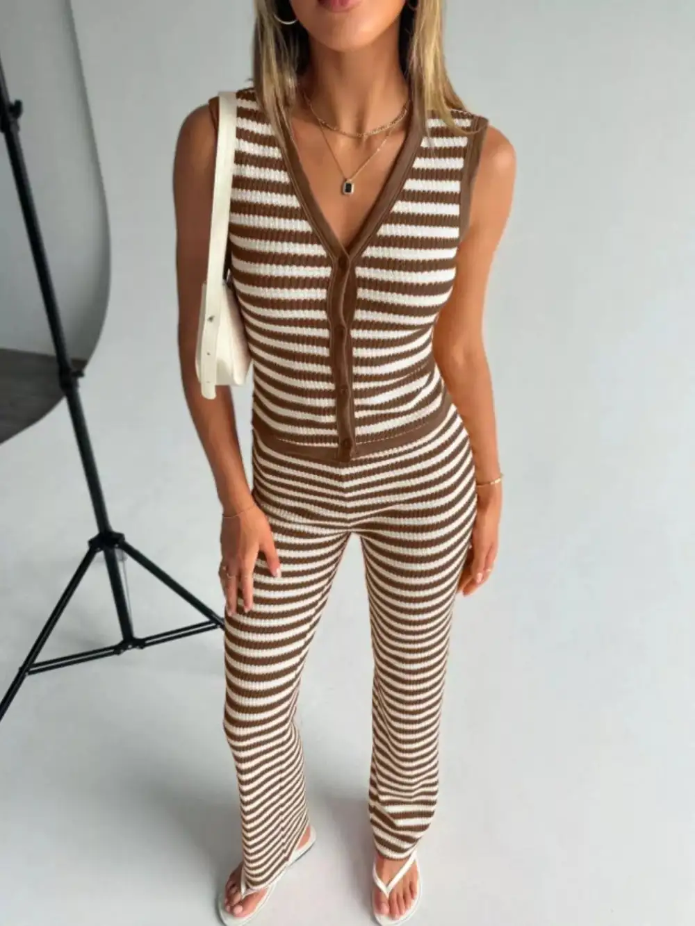 Striped Knit V Neck Button Up Sleeveless Top and Flare Pants Set