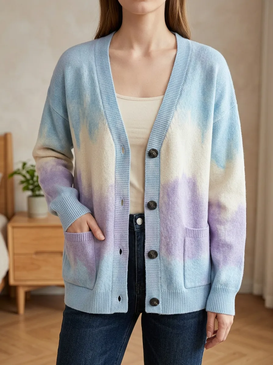 Women's Pastel Tie-Dye Pattern Printed Hip Length Layered Casual Cardigan