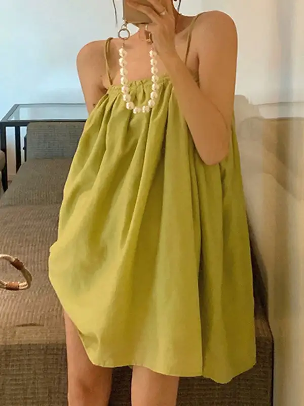 Relaxed Sleeveless Pleated Solid Color Spaghetti Neck Mini Dress Slip Dress