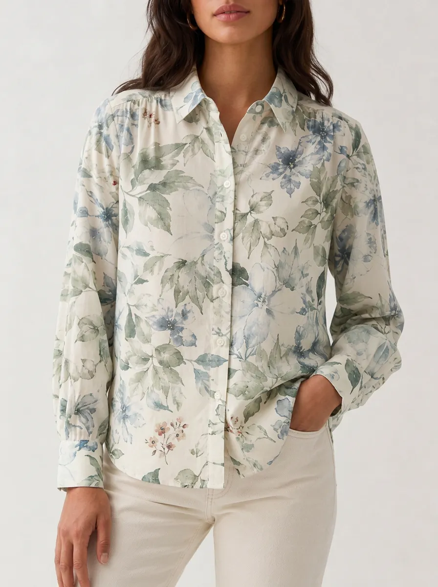 Women's Botanical Floral Point Collar Shoulder Gathers Shirt