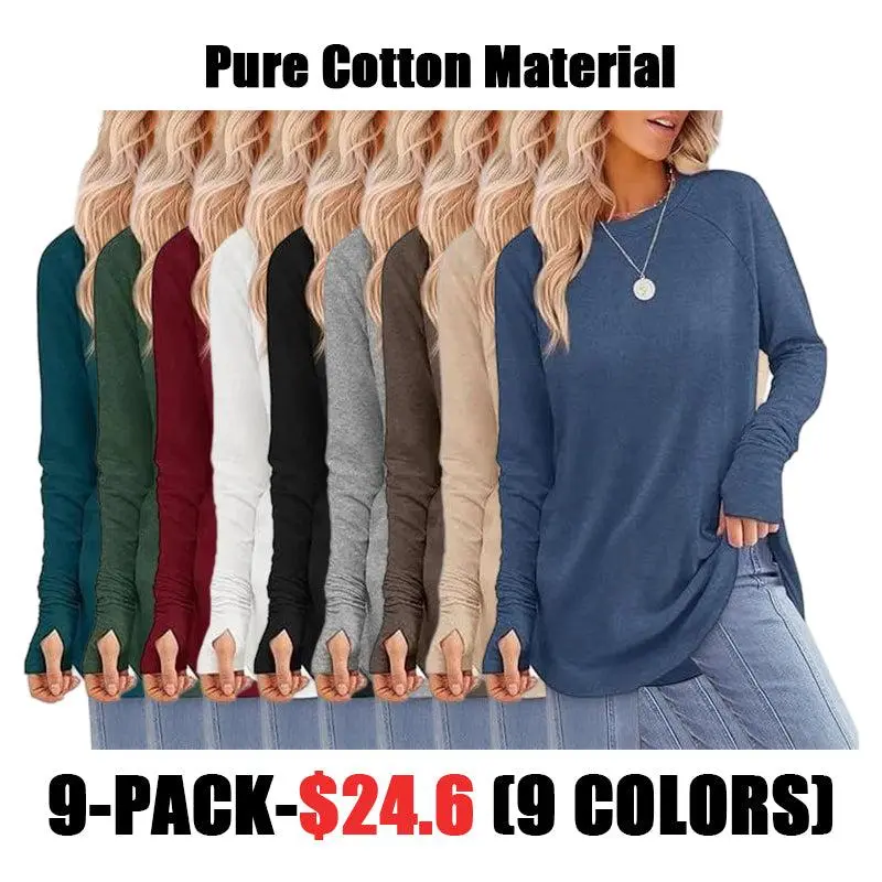 Womens Tunic Tops to Wear with Leggings Long Sleeve Thumb Hole Shirts Crew Neck Curved Hem