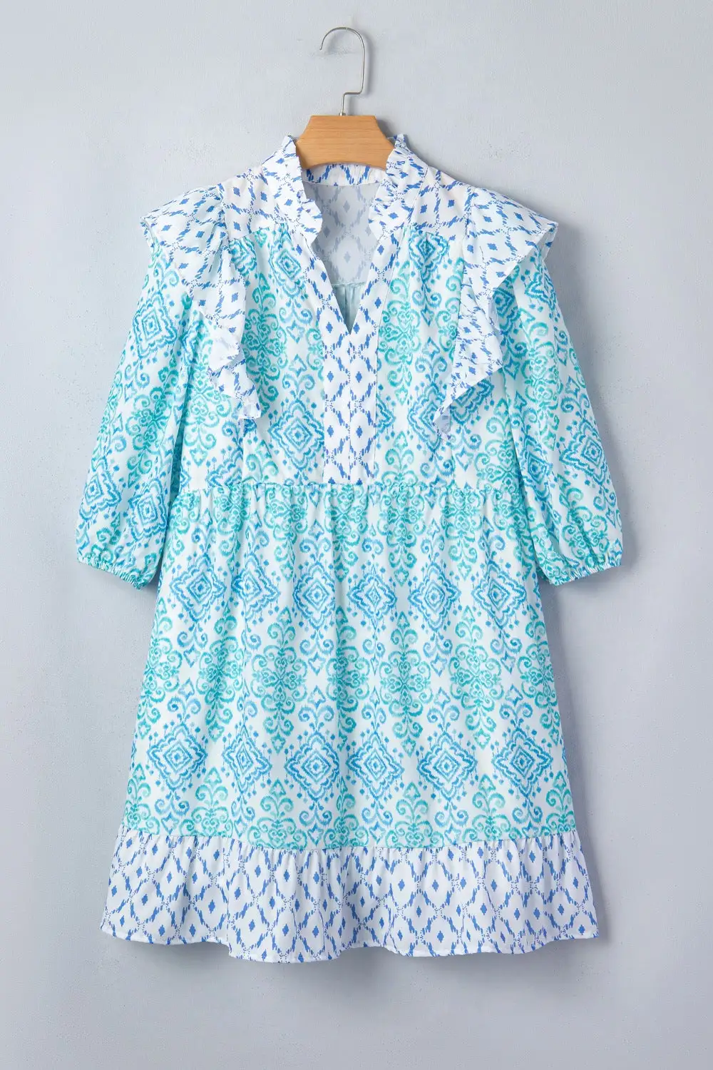 Floral Geometric Print Ruffle Mini Dress