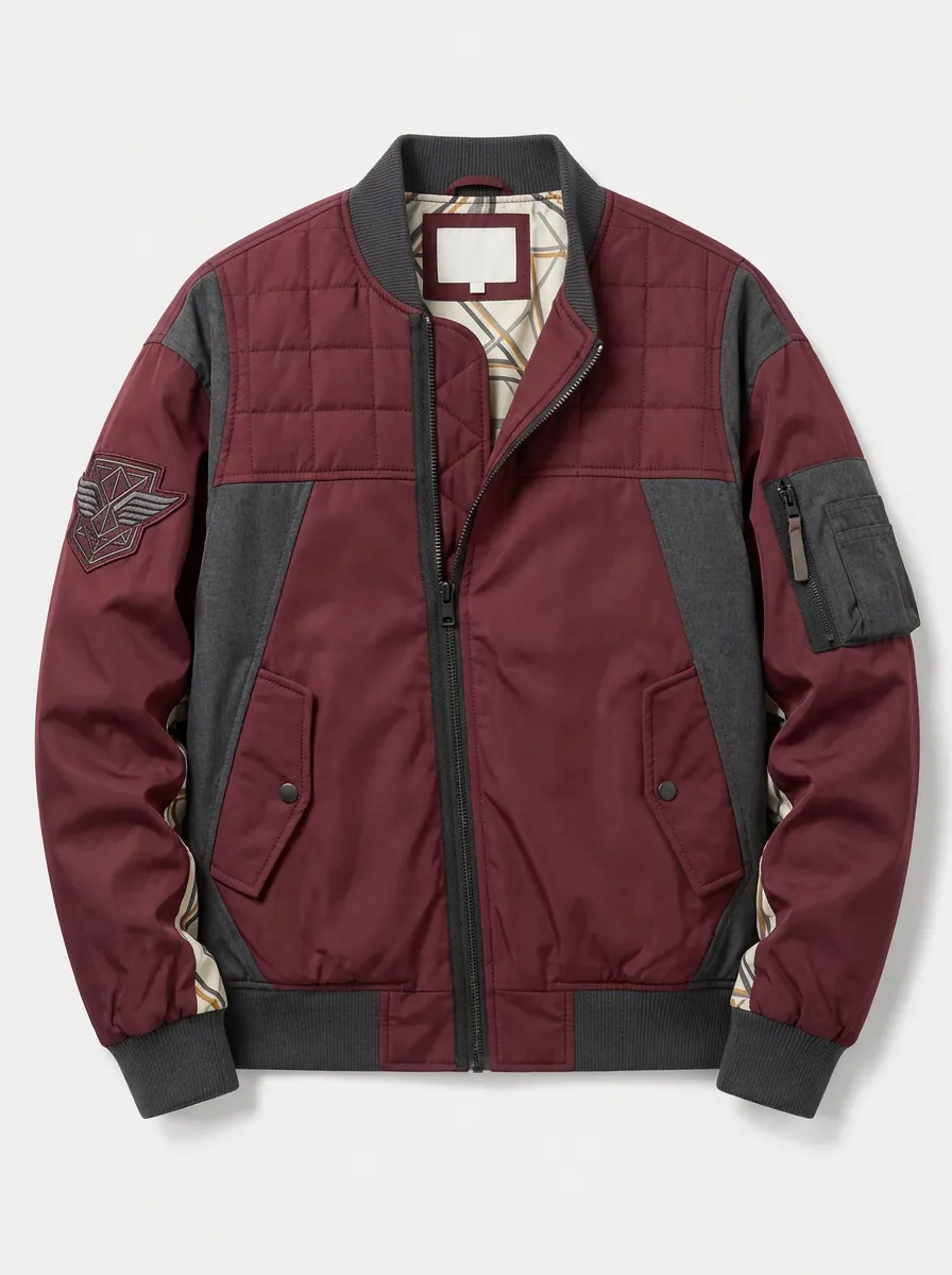 Men's Tactical Wing Patch Quilted Burgundy Bomber Jacket