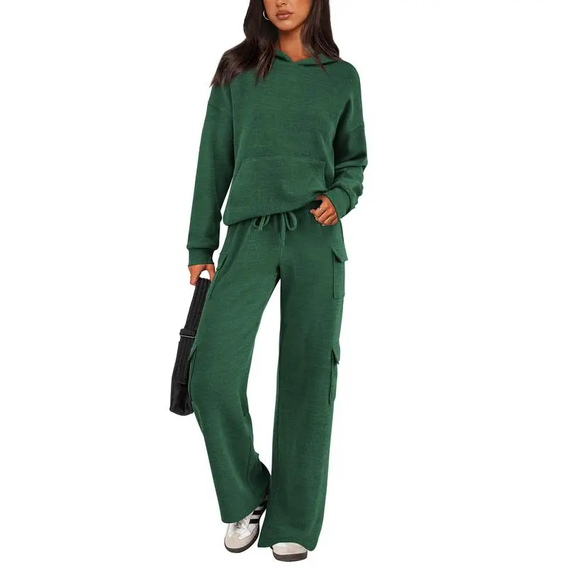 Womens Fall Outfit 2-Piece Knitted Sets Hoodie Tracksuits Wide Leg Pants With Pocket