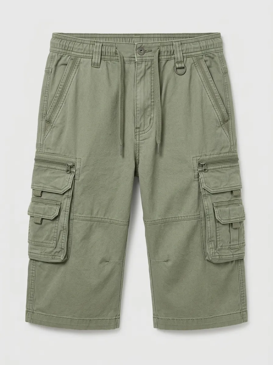 Men's Olive Green Multi-Pocket Cargo Shorts for Outdoor Casual Wear