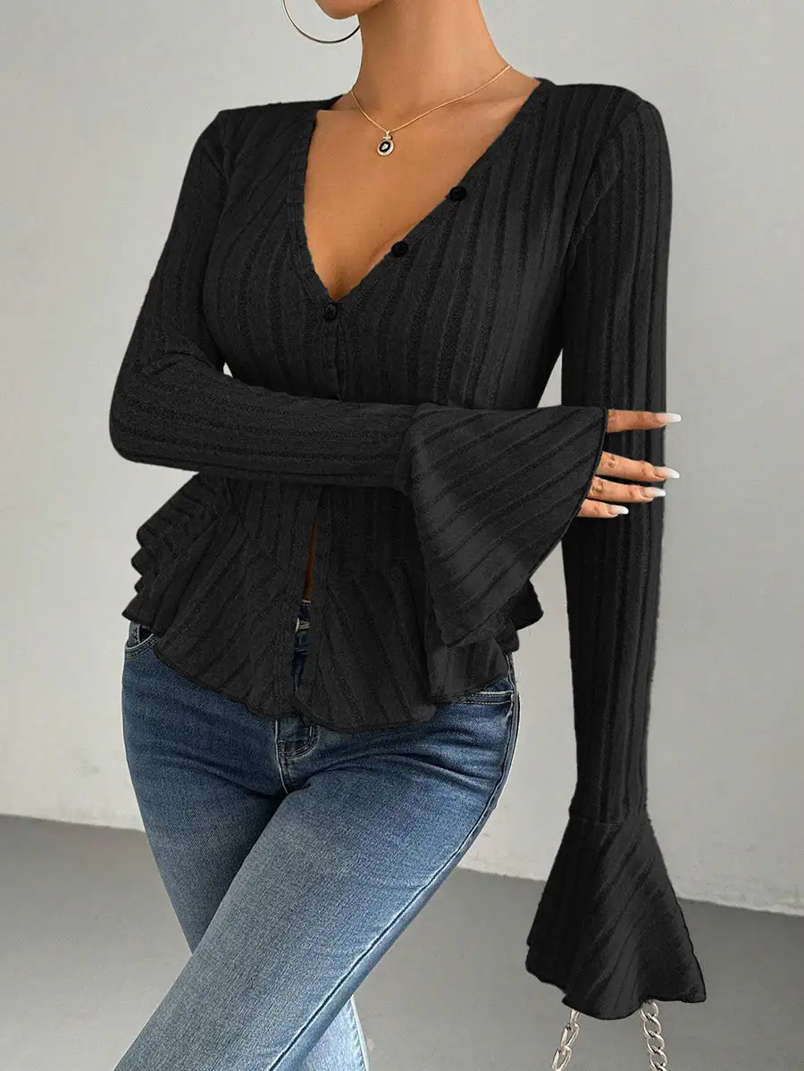 Flared Sleeve Long Sleeve Button Detail Ruffle Panel Detail Deep V-Neck T-Shirt