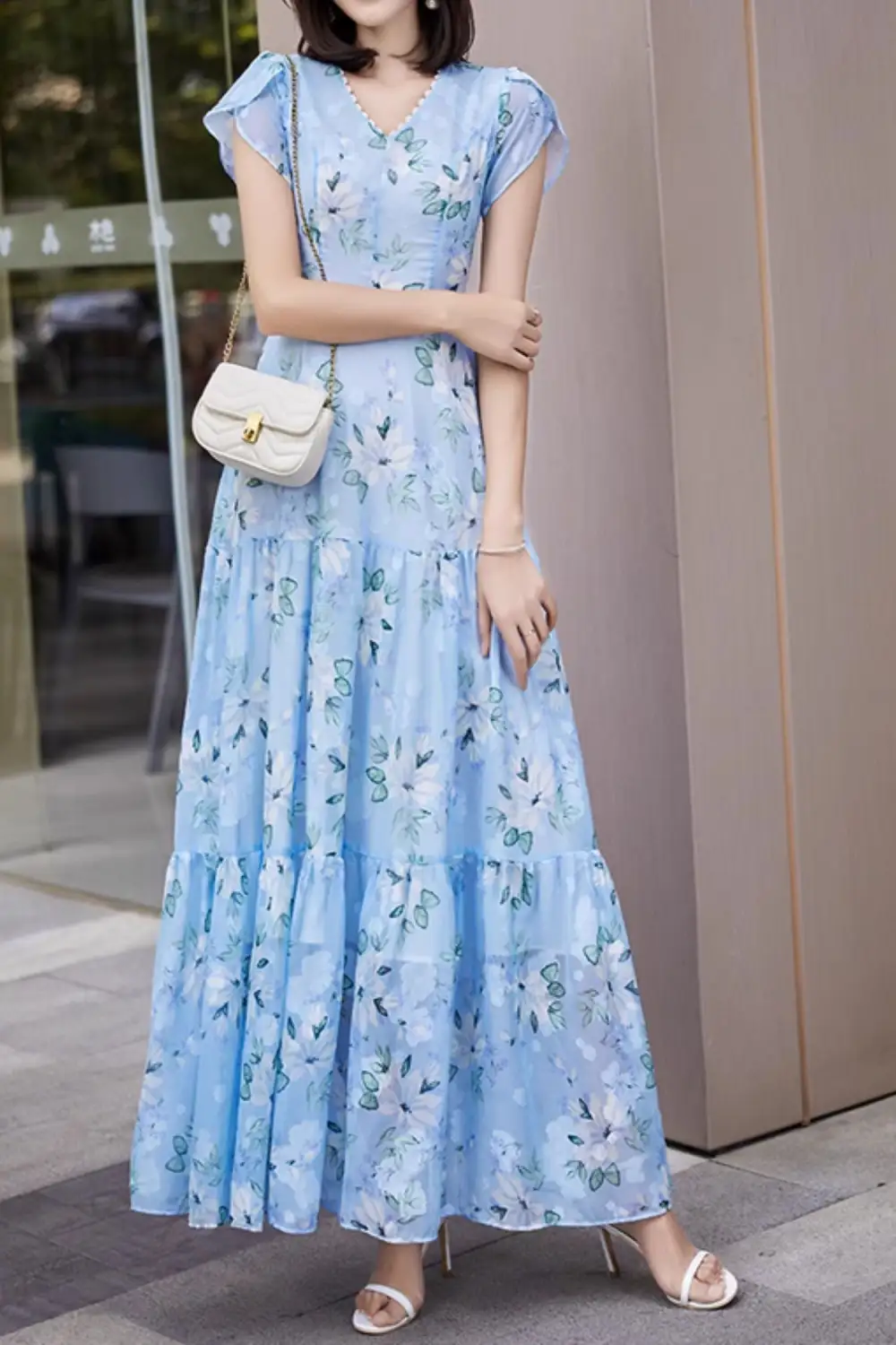 Modern Floral Chiffon Maxi Dress