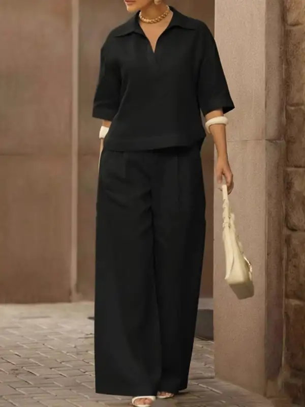 Half Sleeve Lapel Blouse And Pants Set