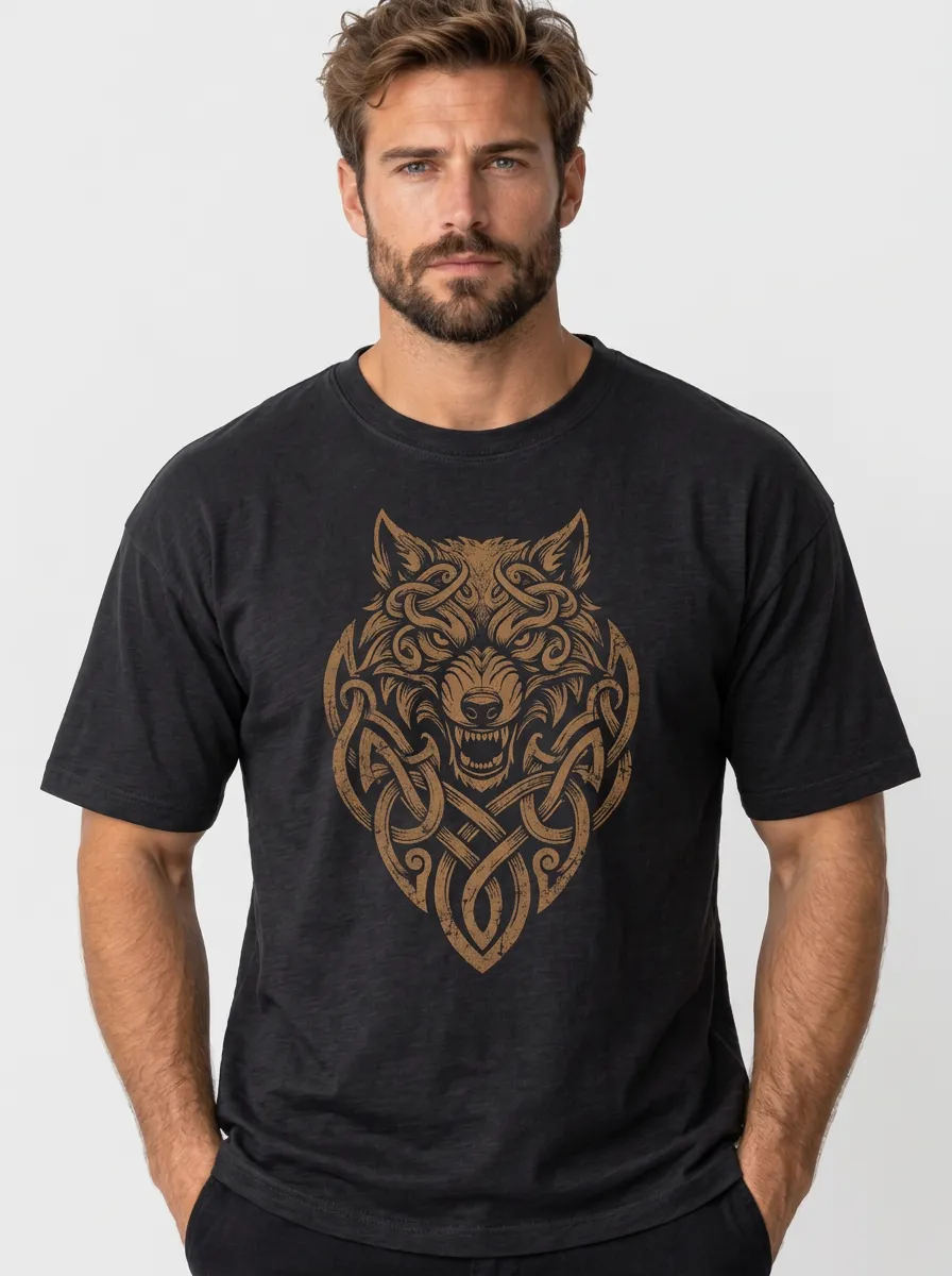 Men's Wolf Crew-Neck Short-Sleeve Chest-Sleeve Knotwork Relaxed T-Shirt