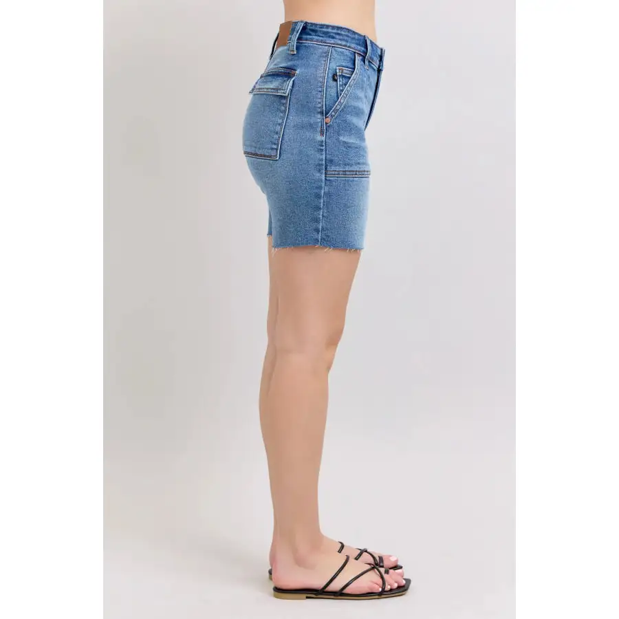 Full Size Mid Rise Bermudas Denim Shorts W Back Flap Pockets Plus Size