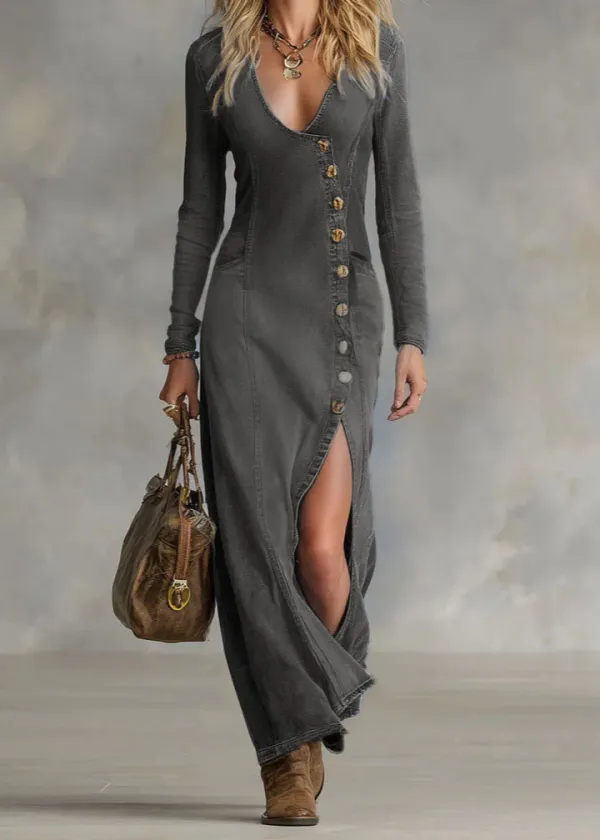 Button Front V Neck Maxi Dress