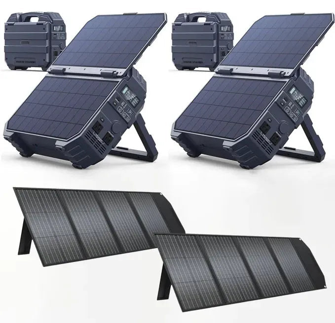 Black portable power station with external solar panels