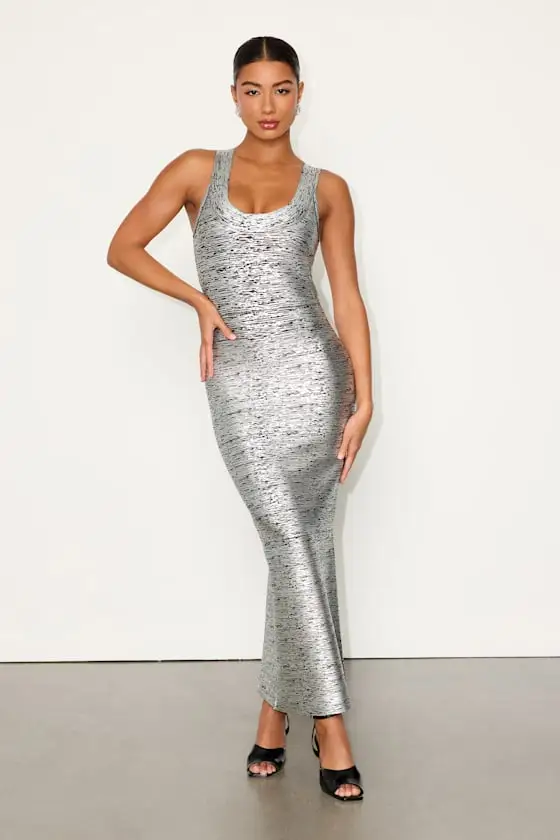 Raveena Silver Abstract Bandage Bodycon Maxi Dress