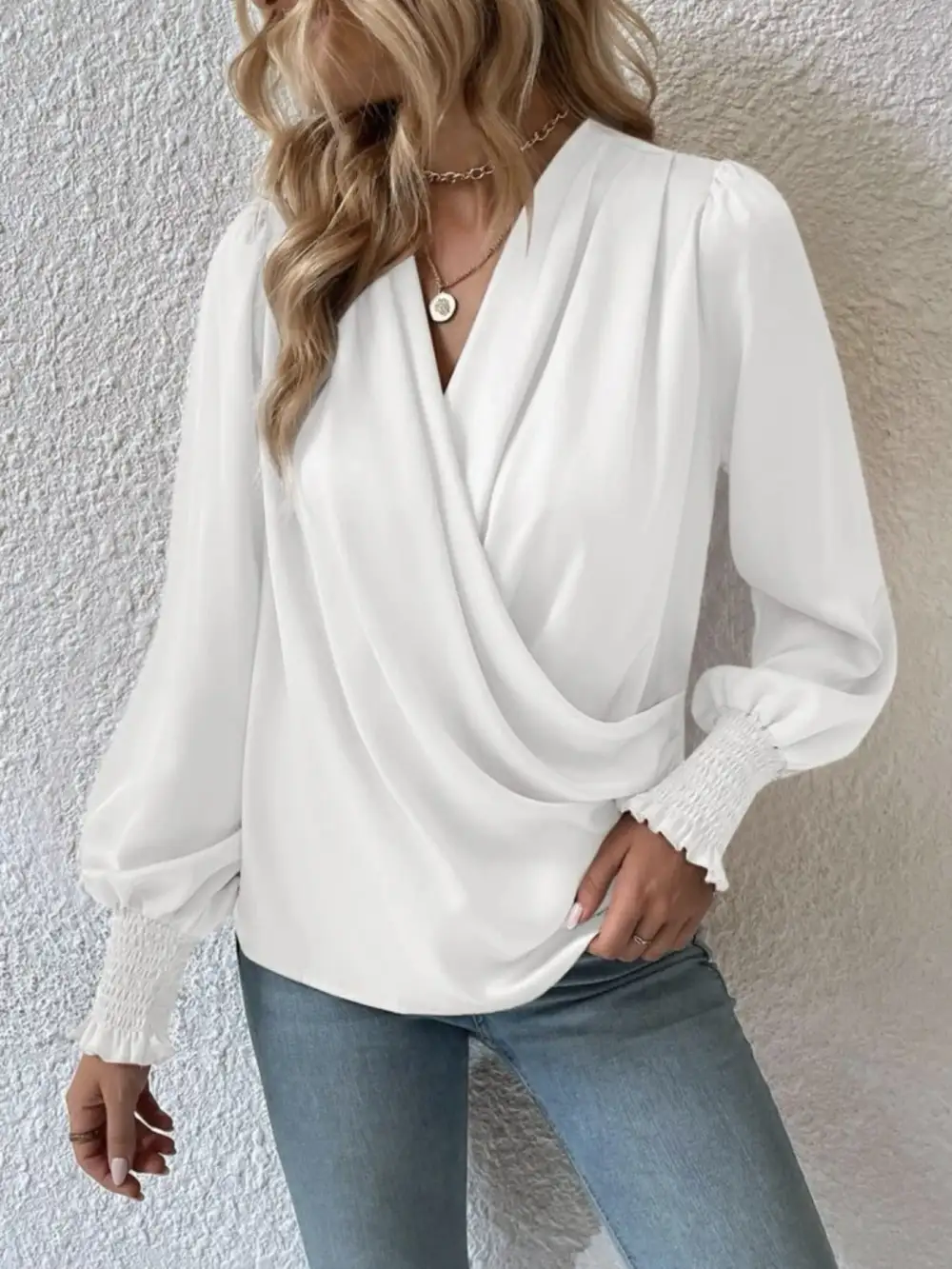Ruched Surplice Long Sleeve Blouse