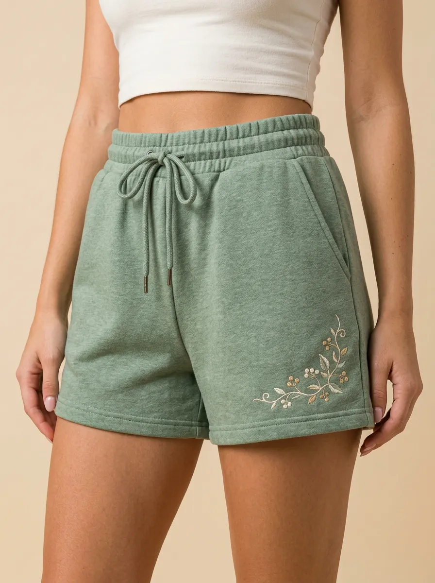 Women's Floral Hem-Embroidered Drawstring Shorts